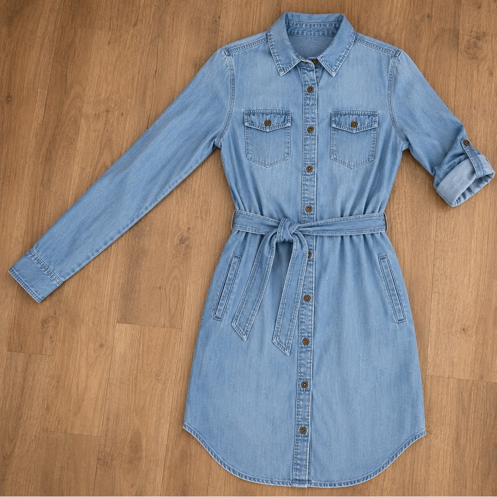 Banana Republic Chambray Light Blue Shirt Dress Tie Belt Side Pockets Size 0 - Picture 2 of 9